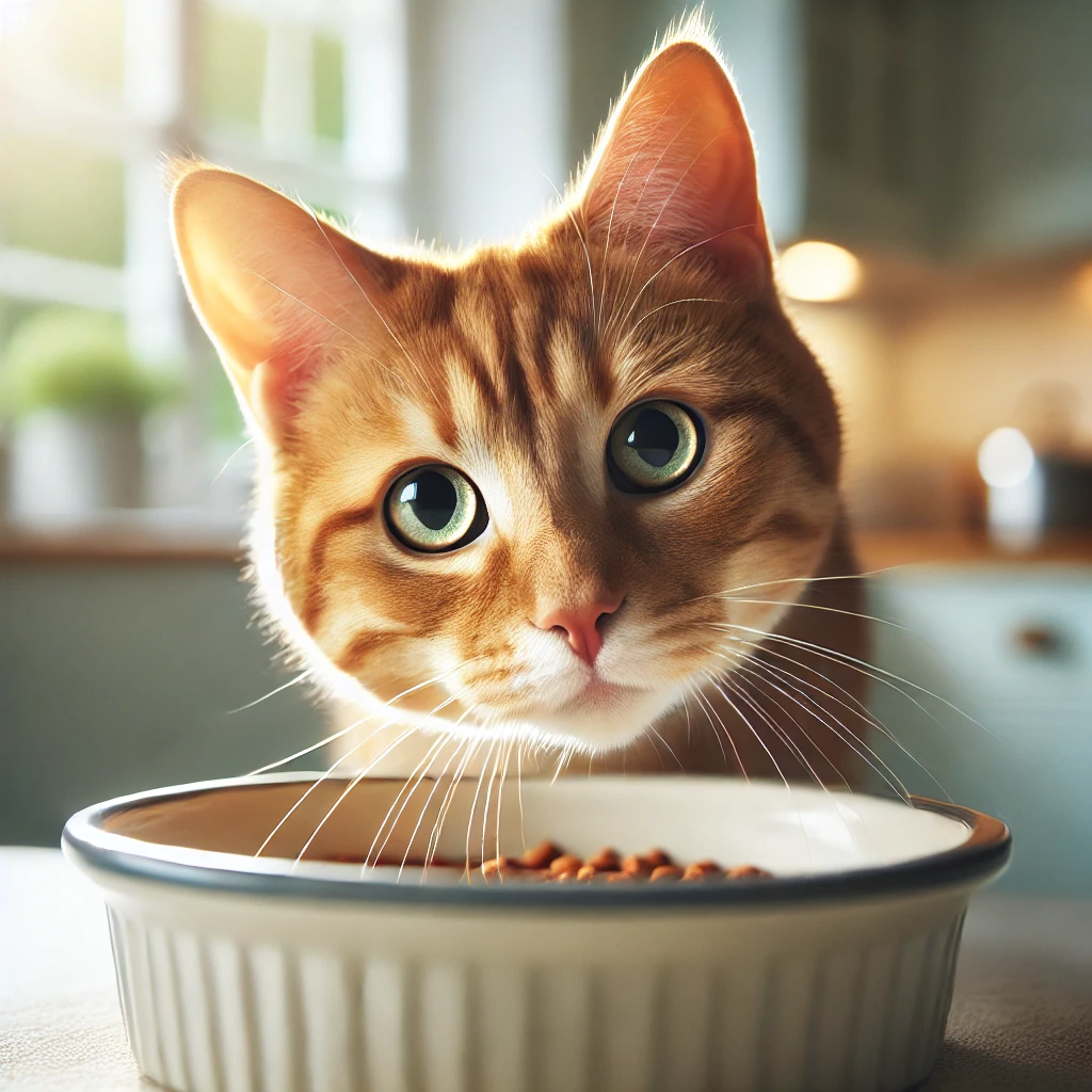 A close-up shot of a curious orange tabby cat leaning over a shallow, wide ceramic feeding bowl against a soft, bright kitchen background. The cat's w