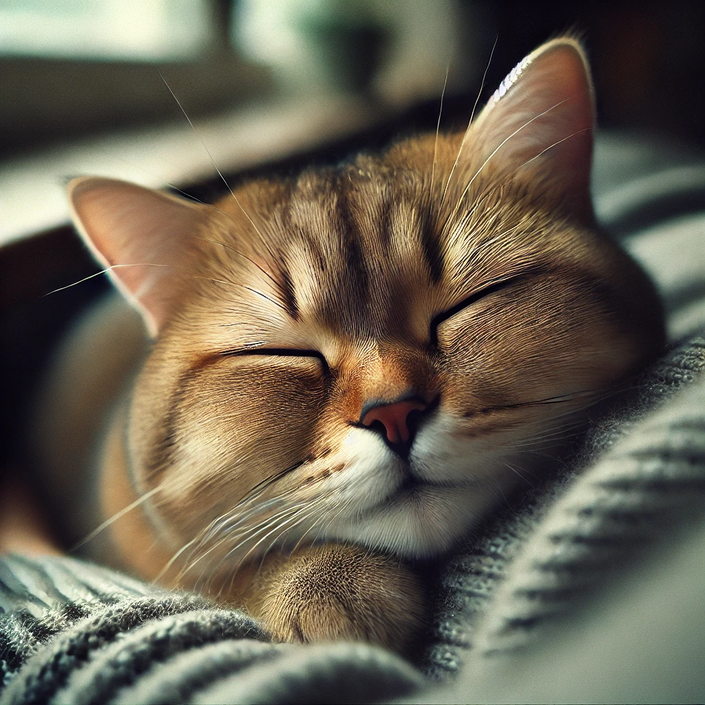 A close-up portrait of a cat slowly blinking its eyes at the camera with a warm and affectionate expression. The cat is in a cozy, relaxed setting, po