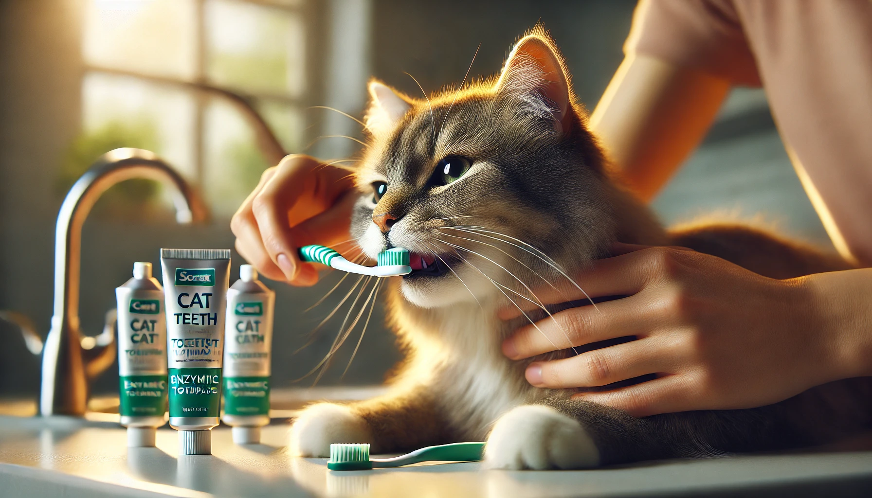 A close-up, realistic photo of a person gently brushing a contented cat's teeth with a small pet toothbrush and enzymatic toothpaste. The cat has soft