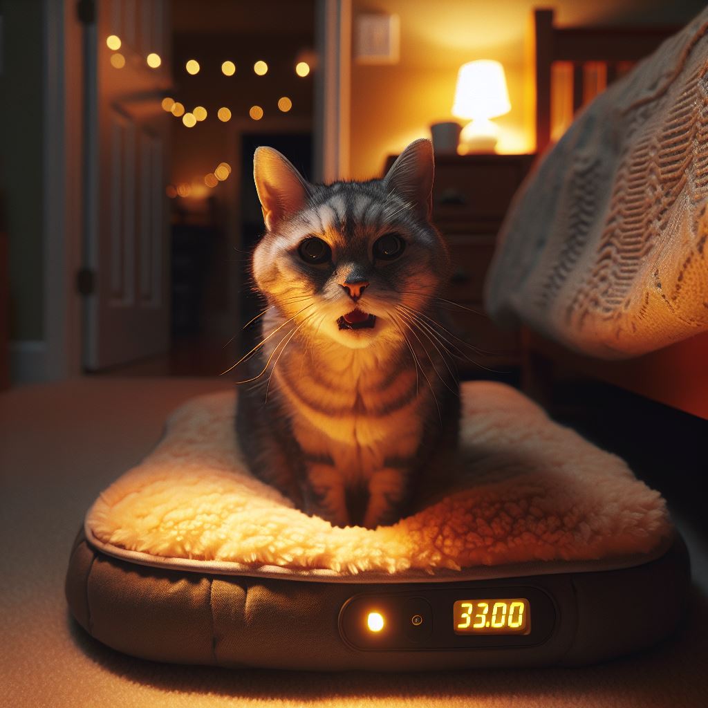 A cozy, dimly lit bedroom at night with warm yellow night lights casting a soft glow. In the foreground, an elderly grey tabby cat with a touch of sil