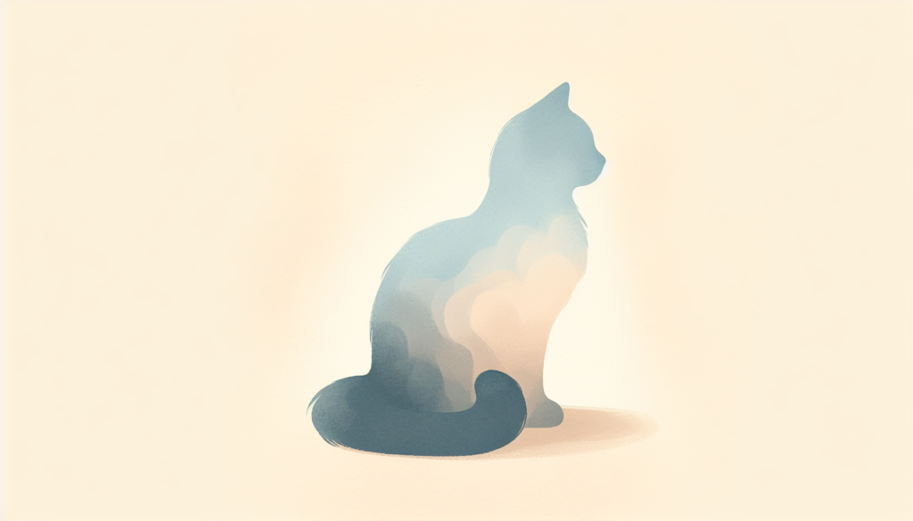 A whimsical and charming cat silhouette in soft, muted colors, shown in profile against a warm, soft background. The cat is sitting upright with a slightly curved back, its tail gently curled, and its ears perked up in a playful, alert pose. The silhouette should have smooth, elegant lines that suggest both grace and friendliness. Use a watercolor-like texture with subtle gradient backgrounds in soft blues, gentle grays, or warm beiges to create a welcoming, artistic feel. The outline should be clean and recognizable, capturing the essence of a cat's elegant shape while maintaining a cute, approachable aesthetic.
