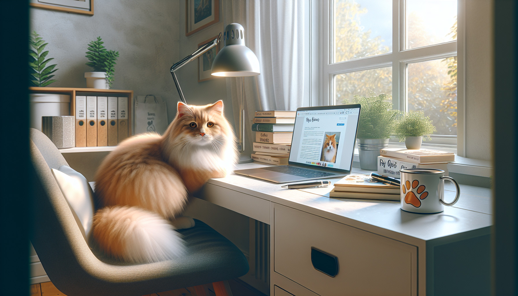 A cozy home office setting with a white desk near a window, where a fluffy orange cat sits next to a laptop displaying a pet blog. On the desk are scattered pet care books, a coffee mug with a paw print design, and a small potted plant. Natural sunlight streams through the window, creating a warm, inviting atmosphere. The scene should be captured in a photorealistic style with soft, natural lighting, showing the perfect blend of professionalism and pet-loving warmth. The cat should appear content and curious, looking directly at the camera with bright, engaging eyes.